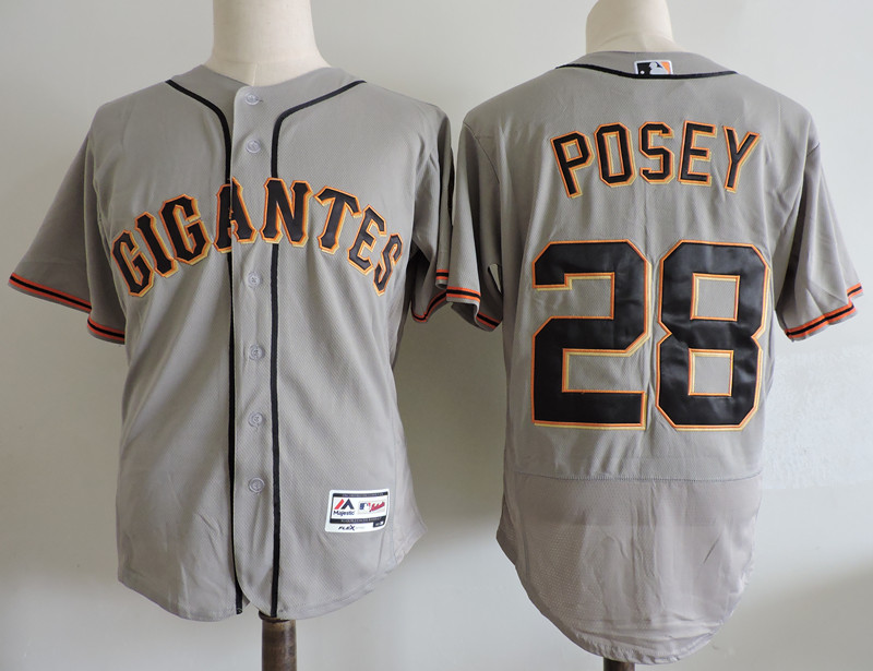 Mens San Francisco Giants #28 Buster Posey Majextic Grey GIGANTES Latin Heritage jersey
