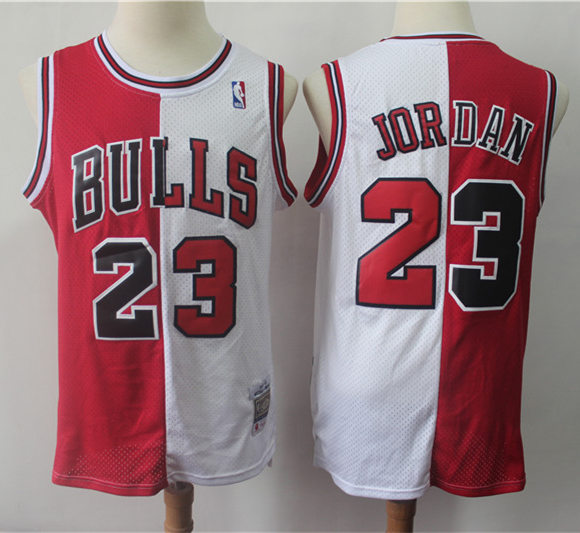 Mens Chicago Bulls #23 Michael Jordan 1996-97 Red White Split Mitchell & Ness Hardwood Classic Jersey