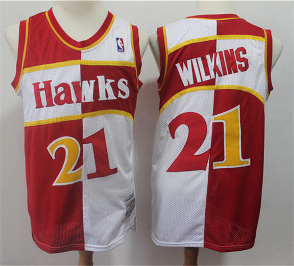 Mens Atlanta Hawks #21 Dominique Wilkins 1987-88 Red White Split Mitchell & Ness Hardwood Classic Jersey