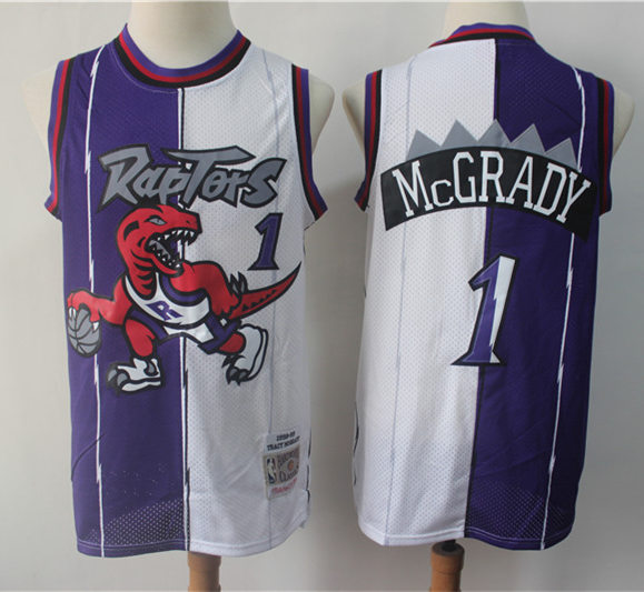 Mens Toronto Raptors #1 Tracy McGrady 1998-99 Purple White Split Mitchell & Ness Hardwood Classic Jersey