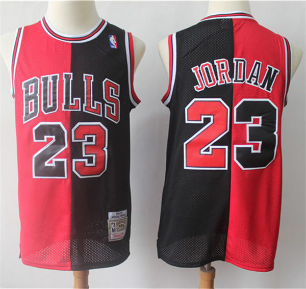 Mens Chicago Bulls #23 Michael Jordan 1996-97 Red Black Split Mitchell & Ness Hardwood Classic Jersey