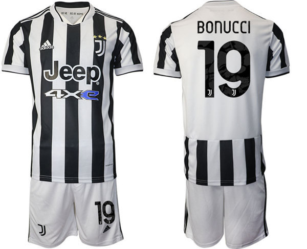 Mens Juventus #19 Leonardo Bonucci 2021 White Black Home Soccer Jersey kit