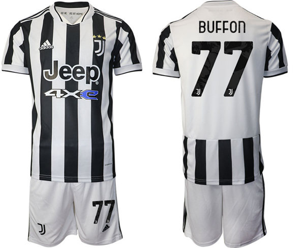 Mens Juventus #77 Gianluigi Buffon 2021 White Black Home Soccer Jersey kit