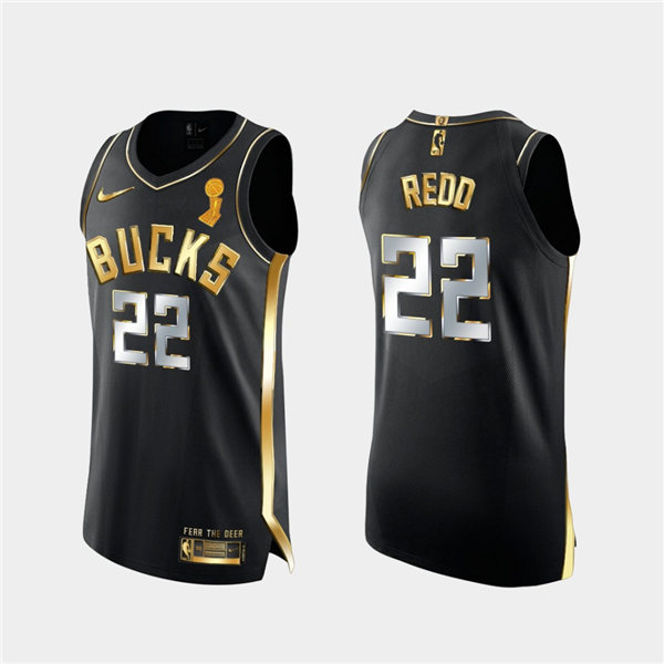 Mens Milwaukee Bucks #22 Michael Redd Black Golden Edition 2021 NBA Finals Champions Jersey