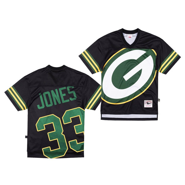 Mens Green Bay Packers #33 Aaron Jones Black Mitchell & Ness Big Face Jersey
