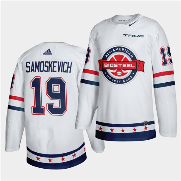 Mens BioSteel All-American Hockey #19 Mackie Samoskevich Adidas White Game Jersey