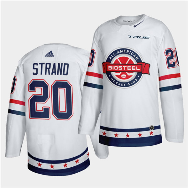 Mens BioSteel All-American Hockey #20 Hunter Strand Adidas White Game Jersey
