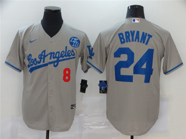 Mens Los Angeles Dodgers #8 Front #24 Back Kobe Bryant Nike Grey Los Angeles Baseball Jersey