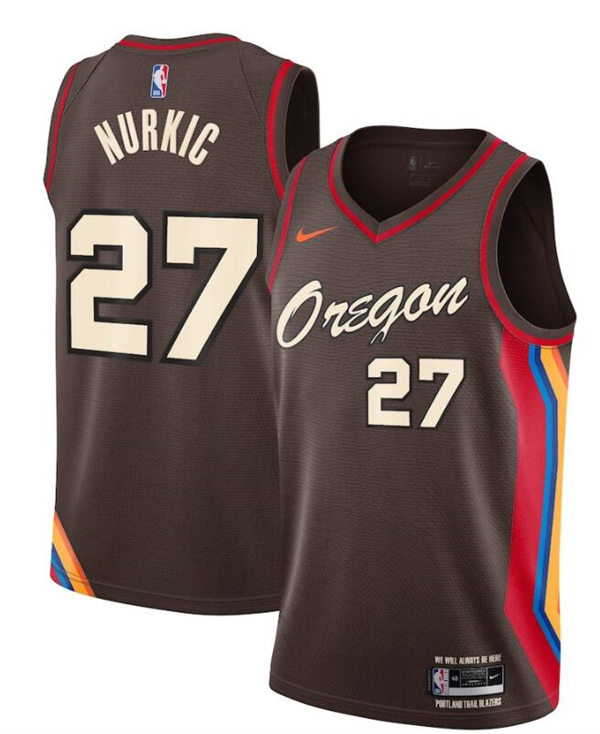 Mens Portland Trail Blazers #27 Jusuf Nurki 2020-21 Chocolate Oregon Nike NBA City Edition Jersey