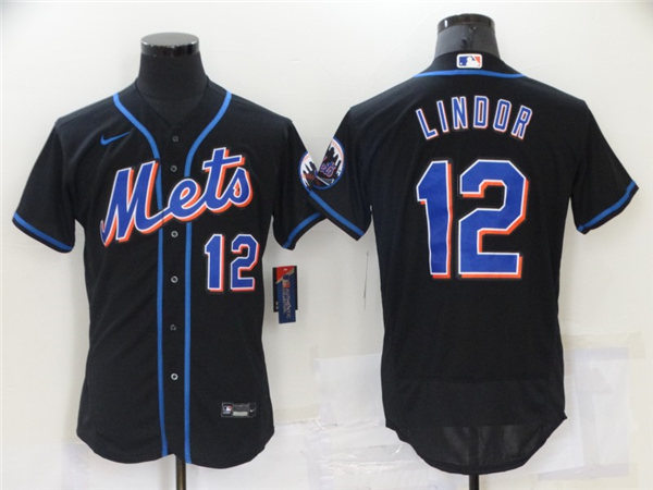 Mens New York Mets #12 Francisco Lindor Nike 2021 Black With Strip Retro Jersey