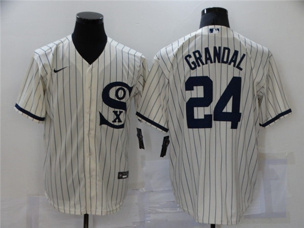 Mens Chicago White Sox #24 Yasmani Grandal Nike White Pinstripe with Name 2021 Field of Dreams Baseball Jersey