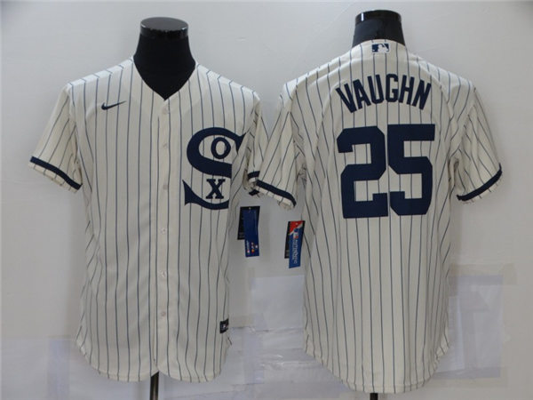Mens Chicago White Sox #25 Andrew Vaughn Nike White Pinstripe with Name 2021 Field of Dreams Baseball Jersey