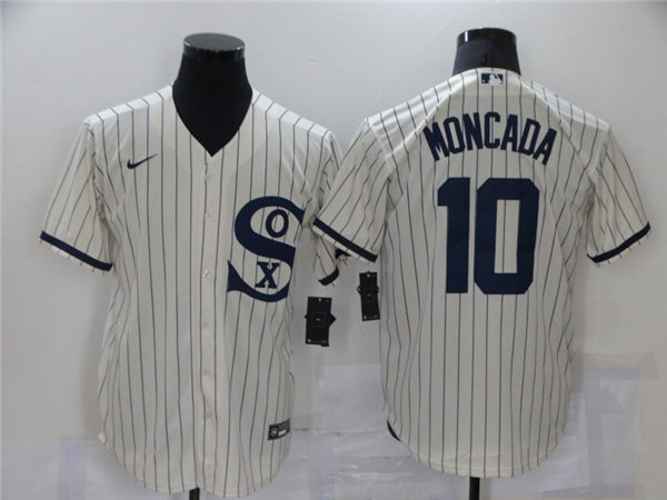Mens Chicago White Sox #10 Yoan Moncada Nike White Pinstripe with Name 2021 Field of Dreams Baseball Jersey