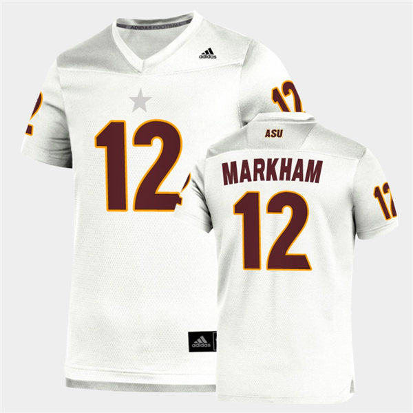 Mens Arizona State Sun Devils #12 Kejuan Markham adidas 2020 White Maroon College Football Jersey 