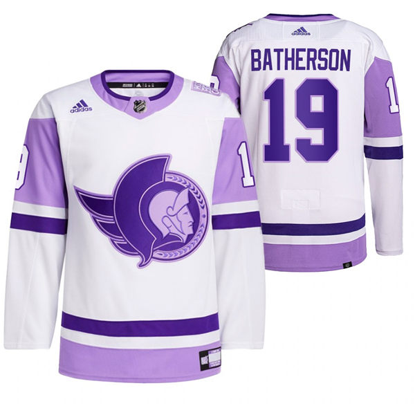 Men's Ottawa Senators #19 Drake Batherson Adidas White Purple Primegreen Hockey Fights Cancer Jersey