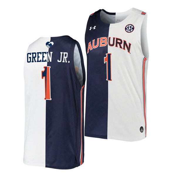Mens's Auburn Tigers #1 Wendell Green Jr. Unite As One Navy White Two Tone Split Edition Basketball Jersey