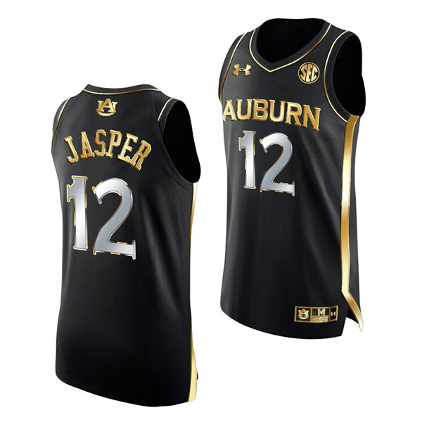 Mens's Auburn Tigers #12 Zep Jasper Under Armour 2022 Black Golden Edition College Basketball Jersey