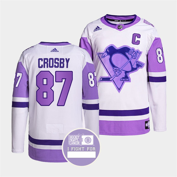 Mens Pittsburgh Penguins #87 Sidney Crosby White Purple Hockey Fights Cancer Primegreen Jersey