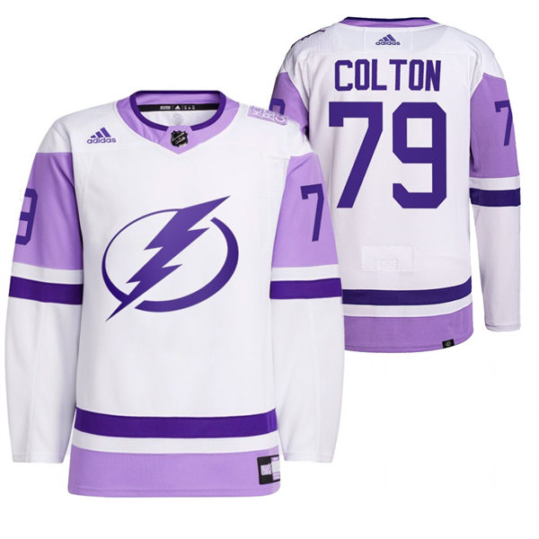 Mens Tampa Bay Lightning #79 Ross Colton 2021 White Primegreen Hockey Fights Cancer Jersey