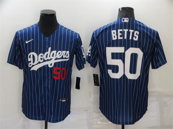 Mens Los Angeles Dodgers #50 Mookie Betts Nike Royal Pinstripe Fashion Jersey