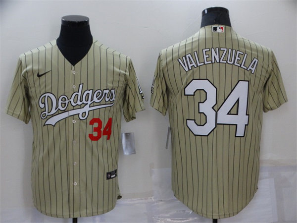Mens Los Angeles Dodgers #34 Fernando Valenzuela Nike Cream Pinstripe Fashion Jersey