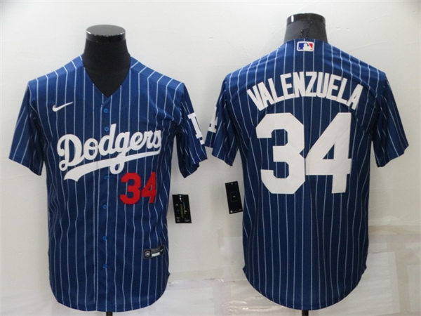 Mens Los Angeles Dodgers #34 Fernando Valenzuela Nike Royal Pinstripe Fashion Jersey
