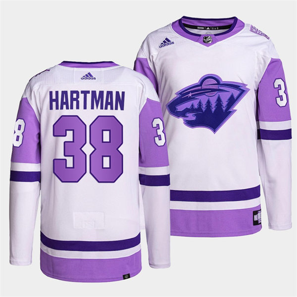 Men's Minnesota Wild #38 Ryan Hartman 2021-22 White Purple Hockey Fights Cancer Primegreen Jersey 