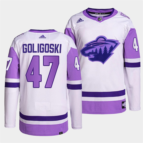 Men's Minnesota Wild #47 Alex Goligoski 2021-22 White Purple Hockey Fights Cancer Primegreen Jersey