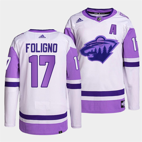 Men's Minnesota Wild #17 Marcus Foligno 2021-22 White Purple Hockey Fights Cancer Primegreen Jersey
