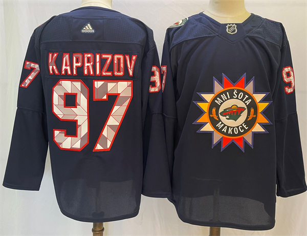Mens Minnesota Wild #97 Kirill Kaprizov Navy 2021-22 Native American Heritage Day Jersey