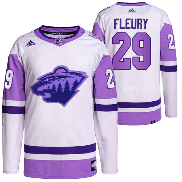 Mens Minnesota Wild #29 Marc-Andre Fleury 2021-22 White Purple Hockey Fights Cancer Primegreen Jersey