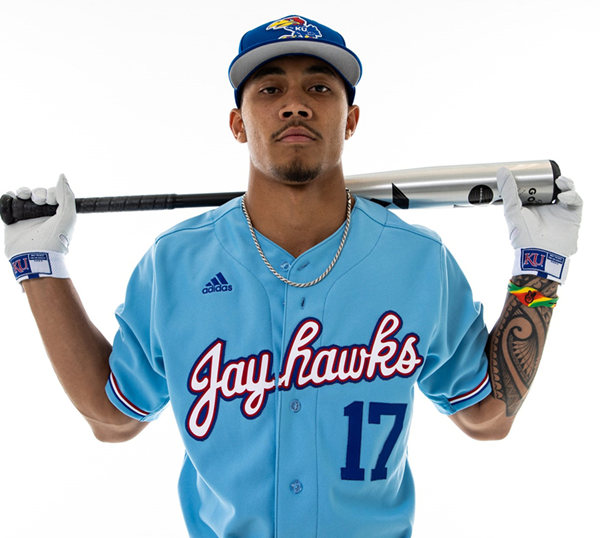 Men's Kansas Jayhawks #17 Maui Ahuna Light Blue College Baseball Game Jersey 