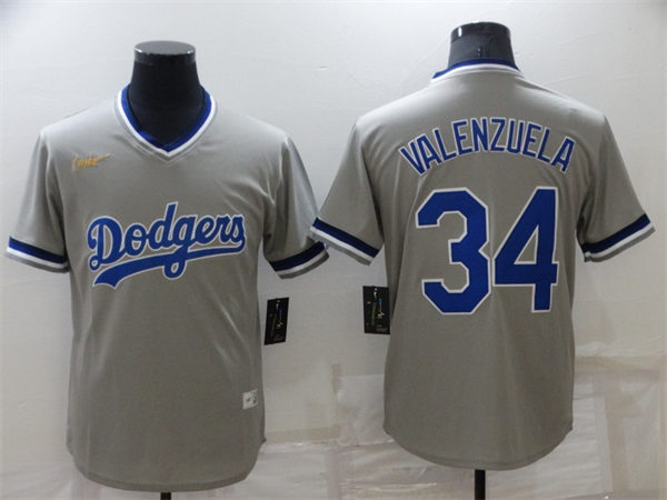 Mens Los Angeles Dodgers #34 Fernando Valenzuela Nike Grey Pullover Cooperstown Collection Jersey