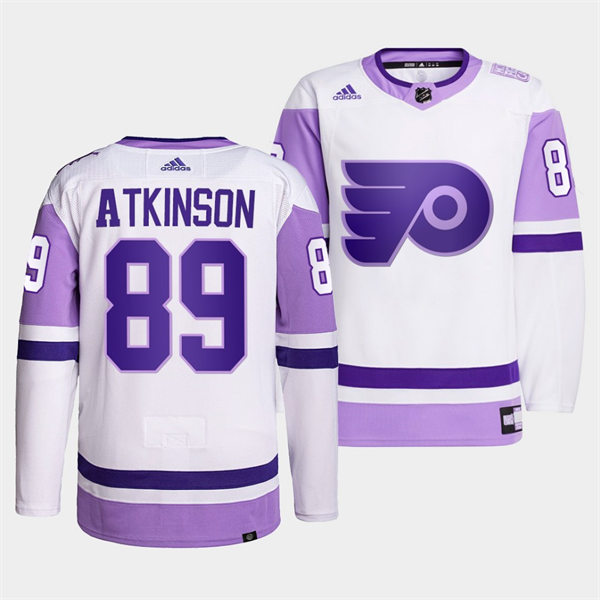 Mens Philadelphia Flyers #89 Cam Atkinson 2021-22 White Purple Hockey Fights Cancer Primegreen Jersey