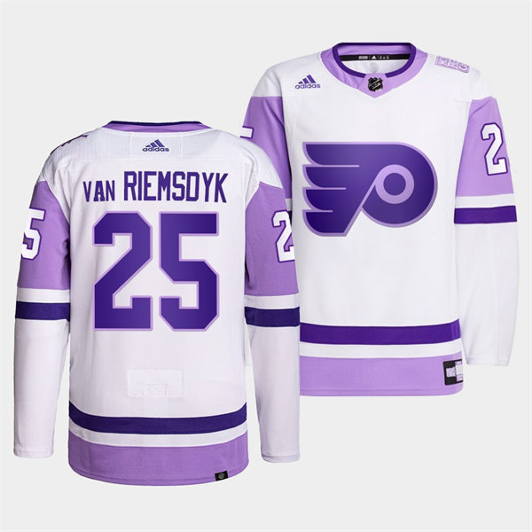 Mens Philadelphia Flyers #25 James van Riemsdyk 2021-22 White Purple Hockey Fights Cancer Primegreen Jersey