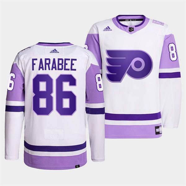 Mens Philadelphia Flyers #86 Joel Farabee 2021-22 White Purple Hockey Fights Cancer Primegreen Jersey