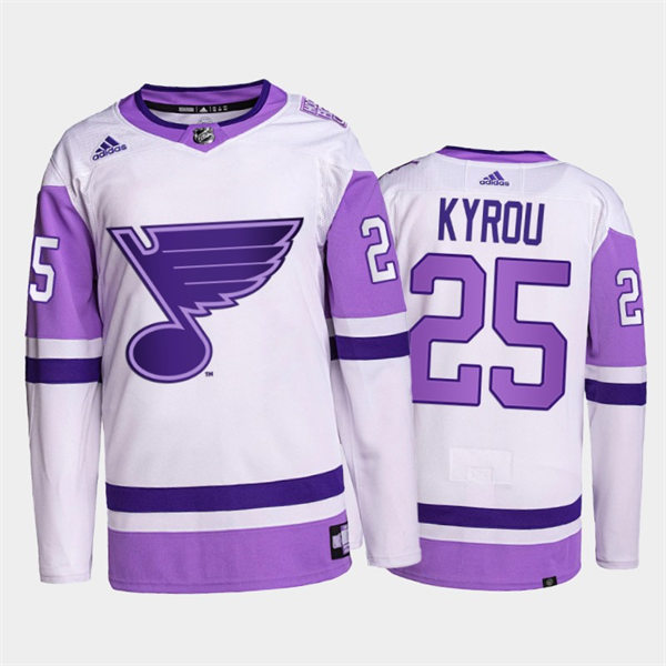 Mens St. Louis Blues #25 Jordan Kyrou 2021-22 White Purple Hockey Fights Cancer Primegreen Jersey