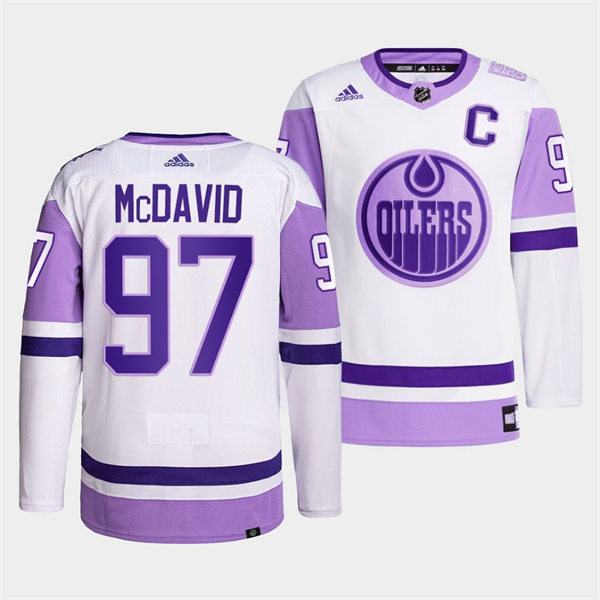 Men's Edmonton Oilers #97 Connor McDavid 2021-22 White Purple Hockey Fights Cancer Primegreen Jersey