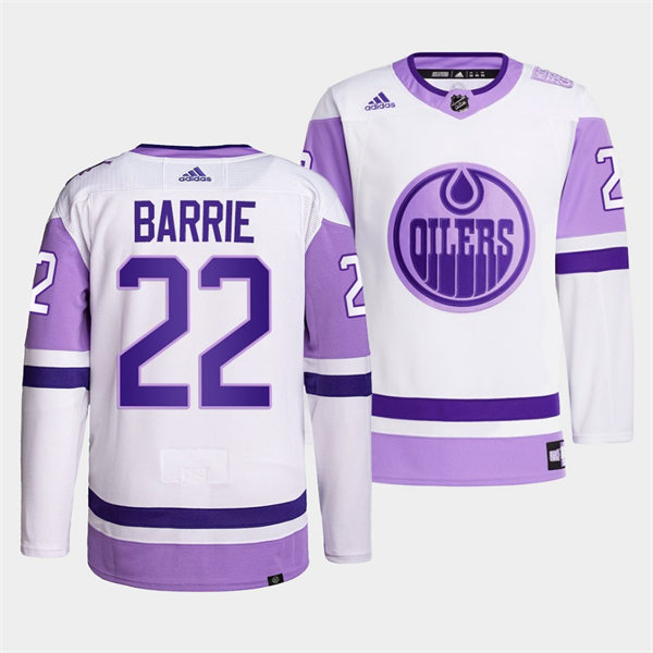 Men's Edmonton Oilers #22 Tyson Barrie 2021-22 White Purple Hockey Fights Cancer Primegreen Jersey