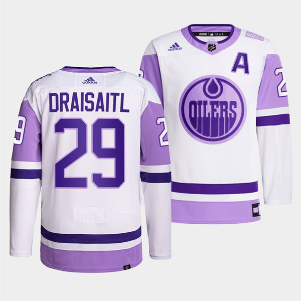 Men's Edmonton Oilers #29 Leon Draisaitl 2021-22 White Purple Hockey Fights Cancer Primegreen Jersey