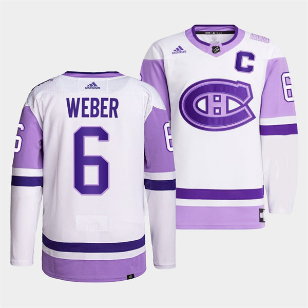 Men's Montreal Canadiens #6 Shea Weber 2021-22 White Purple Hockey Fights Cancer Primegreen Jersey