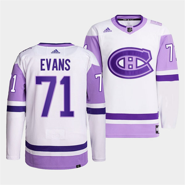 Mens Montreal Canadiens #71 Jake Evans 2021-22 White Purple Hockey Fights Cancer Primegreen Jersey