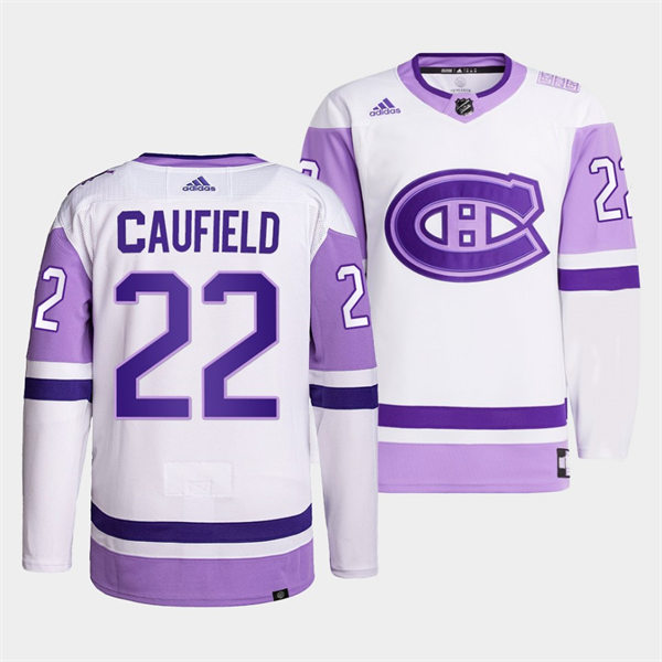 Men's Montreal Canadiens #22 Cole Caufield 2021-22 White Purple Hockey Fights Cancer Primegreen Jersey