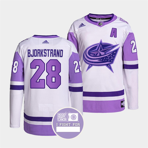 Mens Columbus Blue Jackets #28 Oliver Bjorkstrand 2021-22 White Purple Hockey Fights Cancer Primegreen Jersey