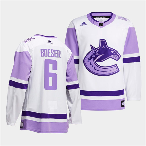 Men's Vancouver Canucks #6 Brock Boeser 2021-22 White Purple Hockey Fights Cancer Primegreen Jersey