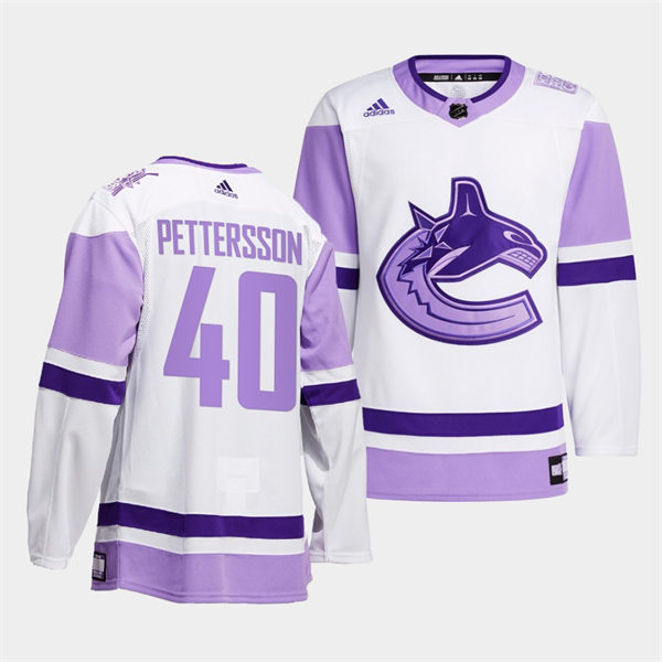 Men's Vancouver Canucks #40 Elias Pettersson 2021-22 White Purple Hockey Fights Cancer Primegreen Jersey