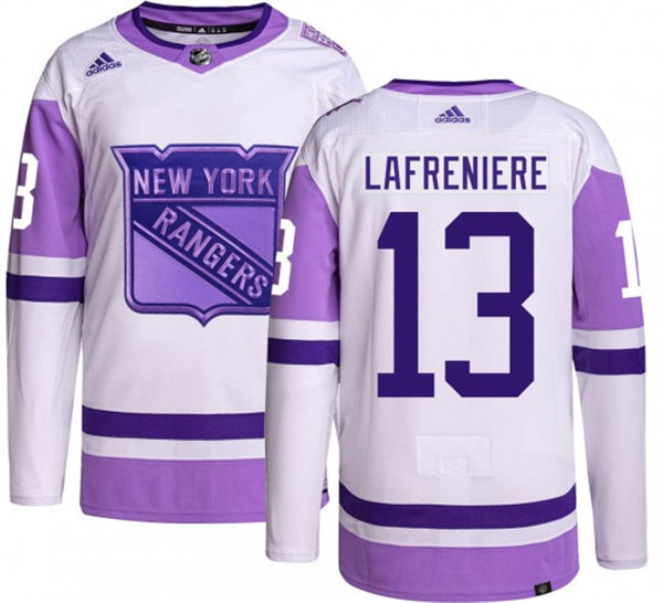 Mens New York Rangers #13 Alexis Lafreniere 2021-22 White Purple Hockey Fights Cancer Primegreen Jersey