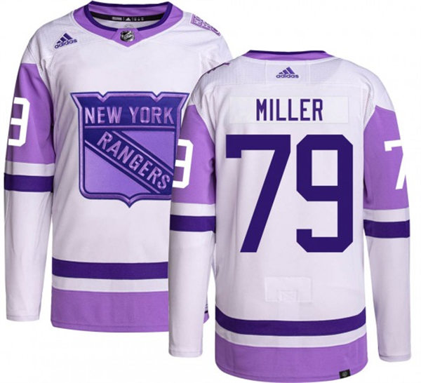 Mens New York Rangers #79 K'Andre Miller 2021-22 White Purple Hockey Fights Cancer Primegreen Jersey