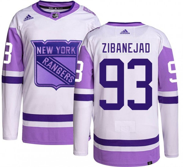 Mens New York Rangers #93 Mika Zibanejad 2021-22 White Purple Hockey Fights Cancer Primegreen Jersey