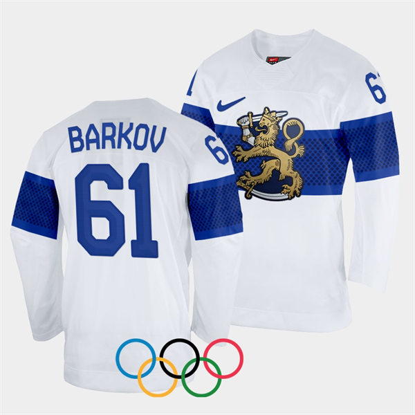 Mens Finland Team Hockey #61 Aleksander Barkov Home White 2022 Beijing Olympics Jersey